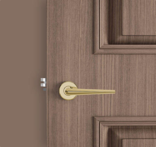 Golden door knob on a wooden door